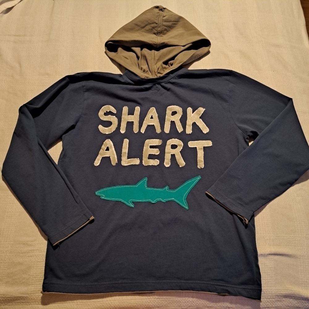 Mini Boden boys size 11-12 years Shark design hooded shirt, EUC